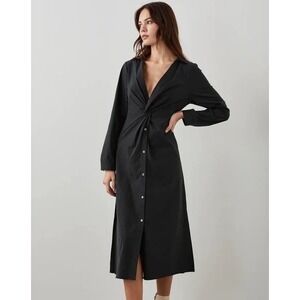 Rails Irie Twist Front Midi Shirtdress Black Cotton Blend Long Sleeve